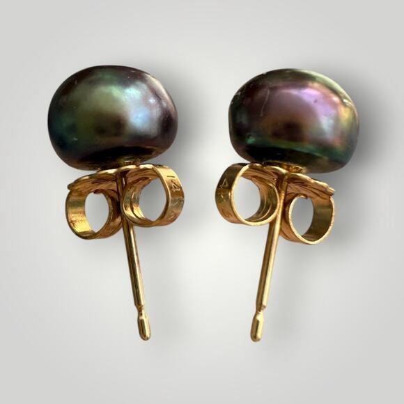 14K Yellow Gold 6mm Black Tahitian Pearl Stud Earrings 1.2g - Picture 1 of 10